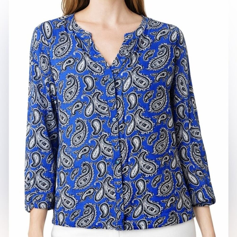 Banana Republic Blouse Size M Blue Paisley Long Sleeve Pullover Relaxed Fit Prep